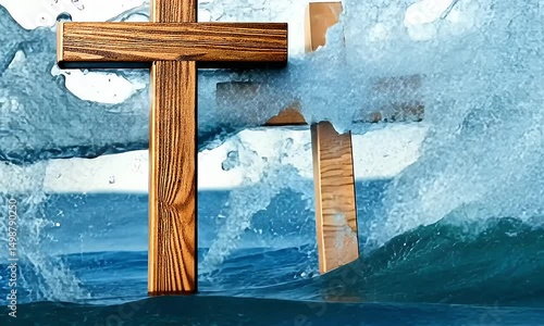 Wooden cross submerged in turbulent water, partially obscured by a wave