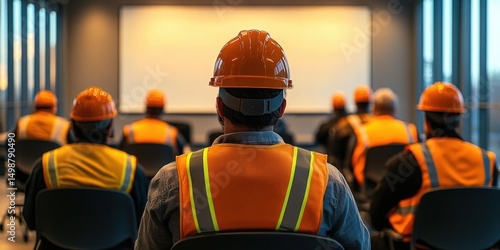 Group of construction workers wearing orange reflective vests and helmets attending a training session or meeting in a modern conference room