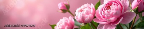 Fresh pink peony and rose bouquet, ample empty area , plant, element