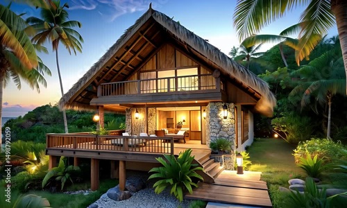 Tropical beachfront bungalow at sunset, featuring a thatched roof, wooden deck, and lush landscaping