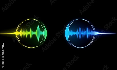 Two glowing visual representations of sound waves within circular frames emit lines. The first is green to yellow. The second is blue