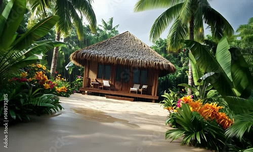 Tropical bungalow during a rain shower, surrounded by lush vegetation and vibrant flowers on a sandy beach