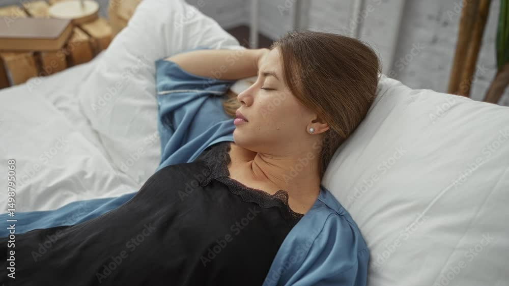 Woman sleeping peacefully in a cozy bedroom, lying on a white bed, surrounded by soft pillows and a serene indoor ambiance, capturing a moment of relaxation and tranquility.