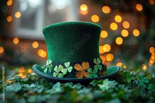 Green top hat decorated with green and golden shamrocks surrounded by clover leaves with warm glowing bokeh lights in the background evoking a festive and cheerful atmosphere