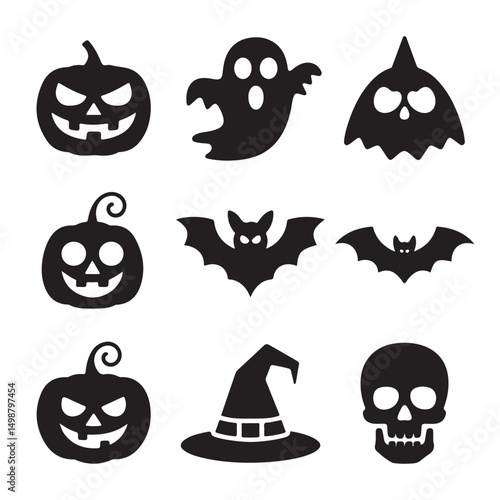 Halloween Silhouette Icons Set Pumpkin Ghost Witch Hat Bat Skull Vector

