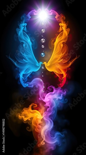 Vibrant shades of blue orange and purple blend together creating an ethereal phoenix with smoke like wisps gracefully rising in the darkness
