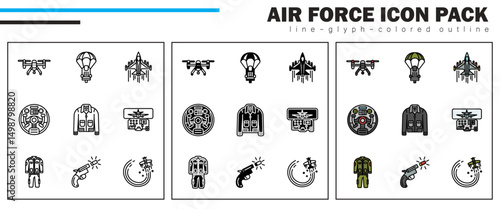 This icon set includes Drone, Ejection Seat, Fighter Jet, Flight Deck, Jacket, Simulator, Suit, Flare, and G Force—elements of advanced flight, gear, and aerial operations.