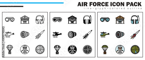 This icon set features Goggles, Hangar Bay, Headset, Helicopter, Jet Engine, Missile, Parachute, Pilot, and Radar—crucial tools and systems in aviation and aerial warfare.
