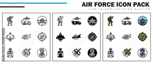 This icon set presents Reconnaissance, Refueling Tanker, Runway, Stealth Aircraft, Tailwind, Targeting System, Uniform, Warplane, and Wingman—key elements in tactical airpower and combat support.