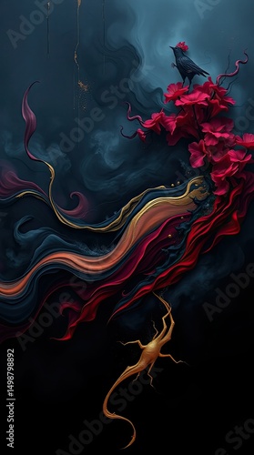 Intricate design blends a colorful bird and lizard among flowing petals showcasing an ethereal connection between wildlife and flora in a dark setting