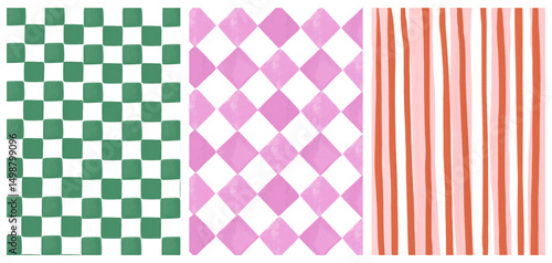 Schilderij op canvas Hand-painted background Set of gingham, stripe and checkered pattern