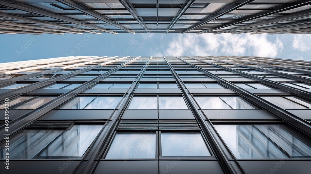 Obraz premium High Rise Facade with Steel Beams and Large Windows Against Sky