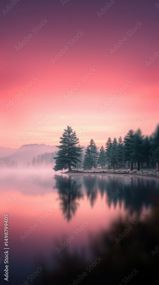 Obraz premium Colors of dawn paint the sky as mist rises from a tranquil lake reflecting pine trees. The scene captures a peaceful early morning atmosphere