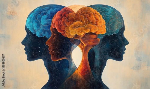 Three human silhouettes with overlapping colorful brains glowing in warm and cool tones symbolizing cognitive connection and mental complexity