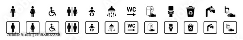 Set of public facility icons in flat style including restroom signs, shower, baby changing, accessibility, trash, and hygiene symbols for use in signage, maps, or UI design. Restroom, icons, vector.