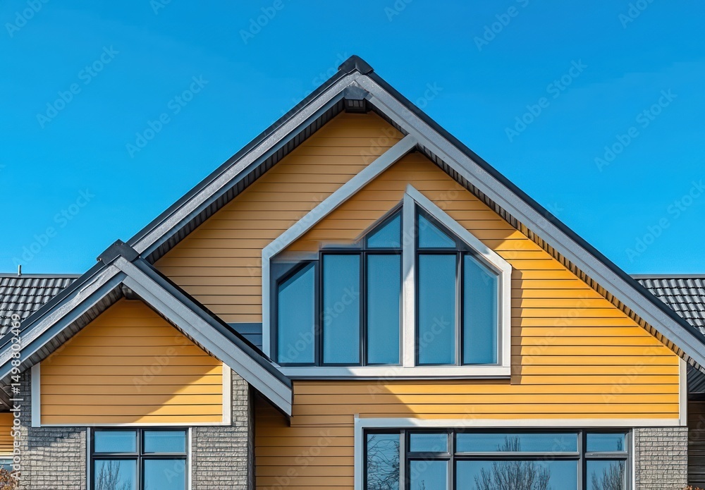 Modern yellow house exterior with large geometric windows and gray roof under clear blue sky Modern yellow house exterior with large geometric windows and gray roof under clear blue sky