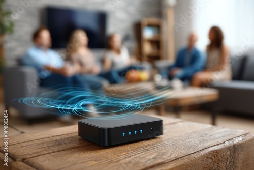 The focus on the Wi-Fi router in the foreground with the family using the devices in the background suggests connectivity, entertainment and modern family life with the Internet.