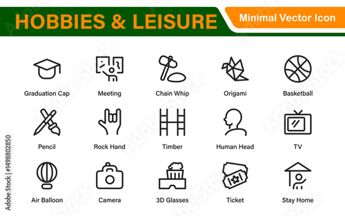 Creative Hobbies and Leisure Icons – Clean Outline, Line Art, Vector Illustrations for DIY Crafts, Outdoor Fun, Entertainment, and Recreation Projects