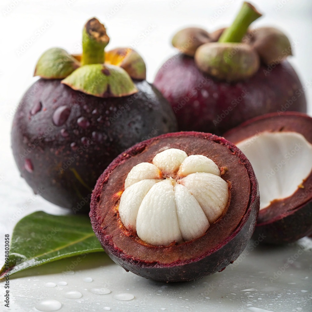 Fototapeta premium Close-up of fresh tropical mangosteen fruits on a light background with dewdrops. A delicious exotic fruit known for its juicy sweet and tangy flavor.