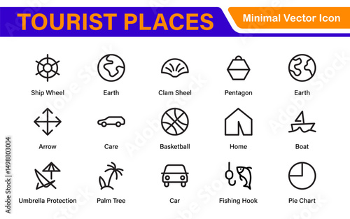 Tourist Destinations Icon Collection – Vector, Line Art, and Minimal Outline Illustrations for Famous Landmarks, Attractions, and Vacation Travel Designs