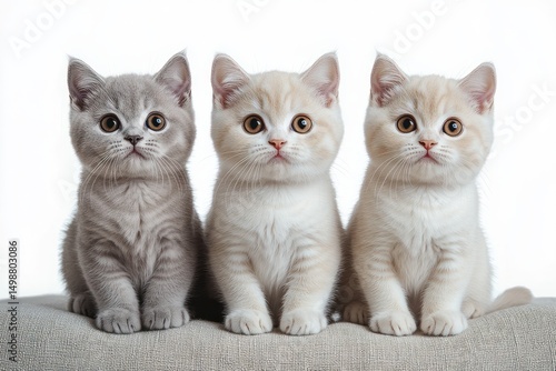 Wallpaper Mural Three adorable kittens sitting side by side looking curious and attentive on a neutral fabric surface against a white background Torontodigital.ca