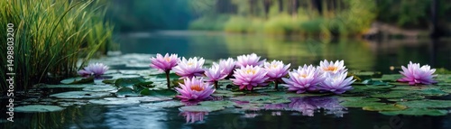 Nature meditation in peaceful meditation with lotus concept. Serene water lily blossoms floating on a tranquil lake surface.