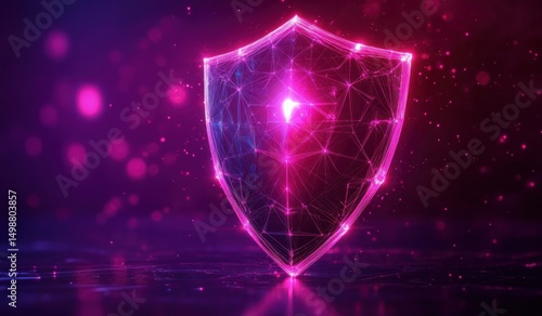 Glowing digital shield composed of interconnected lines and nodes emitting bright purple and pink light against dark blurred background, symbolizing protection and security
