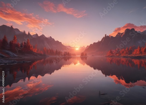 Wallpaper Mural Crimson sun dips below placid lake, mirrored sky ablaze, sun's rays, sunset colors, sky Torontodigital.ca