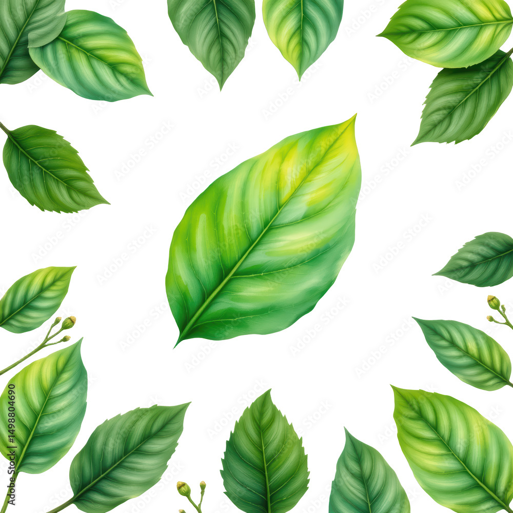 Obraz premium Green leaves arranged artistically on a black background, creating a fresh and vibrant botanical pattern.