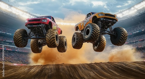 Two monster trucks airborne over dirt ramp in a crowded stadium during an intense off-road racing event under cloudy sky