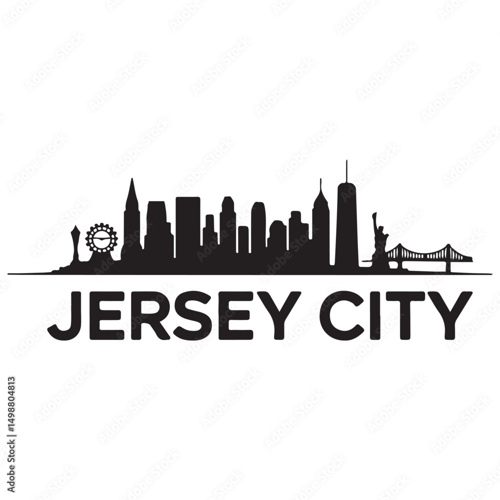 Naklejka premium Vector Jersey City skyline. Travel Jersey City famous landmarks. Business and tourism concept for presentation, banner, web site. Vector black silhouette. with white background