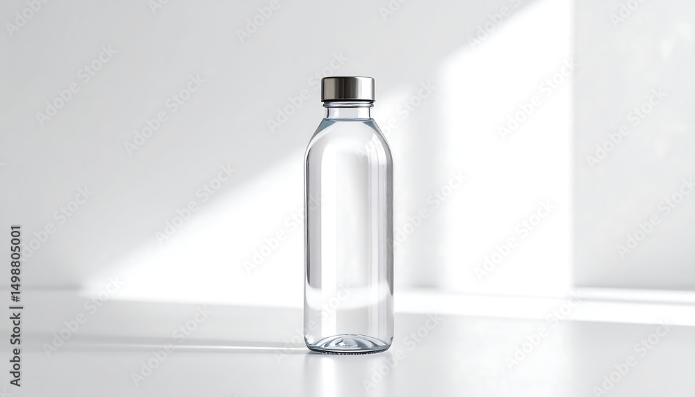 A clear glass water bottle on a white surface, lit by bright natural light and shadows. Simple, clean, and minimalist. A clear glass water bottle on a white surface, lit by bright natural light and shadows. Simple, clean, and minimalist.