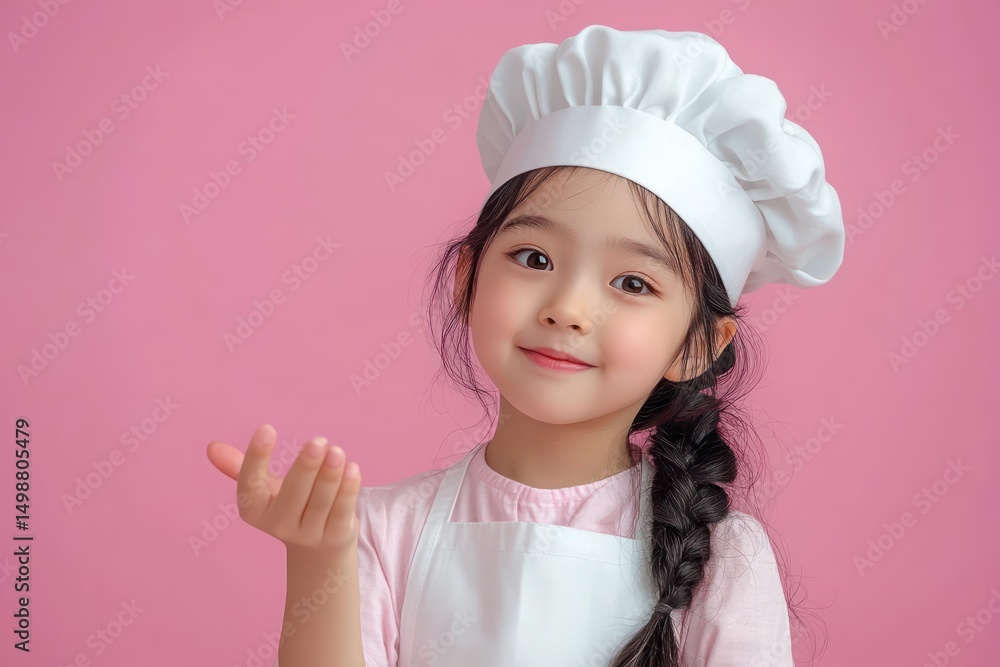 Young girl wearing chef hat and apron smiling gently with a welcoming gesture on a pink background Young girl wearing chef hat and apron smiling gently with a welcoming gesture on a pink background