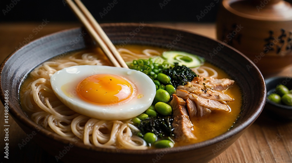 A close-up of a steaming hot bowl of Japanese ramen, with thick noodles, tender chashu pork, a perfectly soft-boiled ajitama egg with a creamy yolk A close-up of a steaming hot bowl of Japanese ramen, with thick noodles, tender chashu pork, a perfectly soft-boiled ajitama egg with a creamy yolk