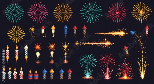 Pixel Art Fireworks and Firecrackers Collection for Game Design