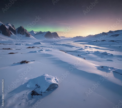 Wallpaper Mural Stark snow-covered landscape, ice cap stretches to horizon, faint aurora , arctic, frigid, night Torontodigital.ca
