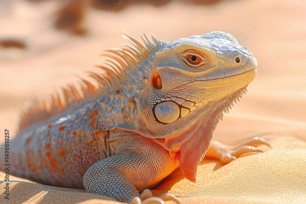 Fototapeta premium Close-up of a calm iguana resting on golden sand with detailed scales, spikes along its back, and vivid orange eyes under warm sunlight