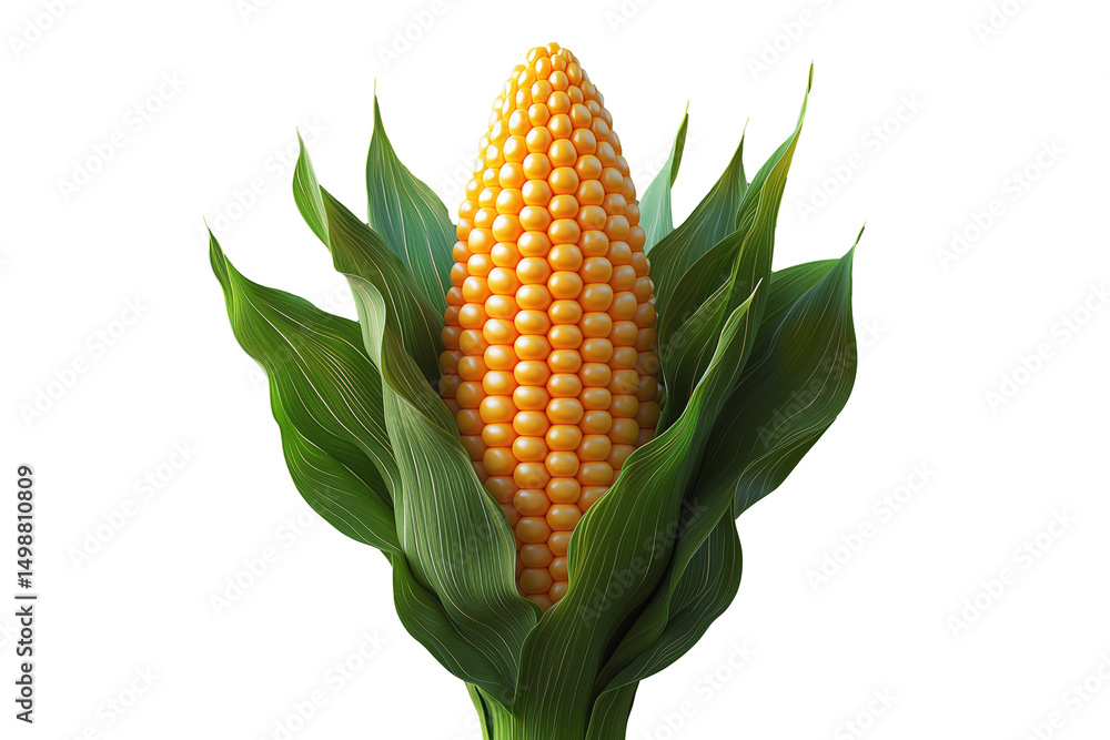 Obraz premium Corn cob with green leaves, isolated on white transparent background, concept of agriculture and healthy food.