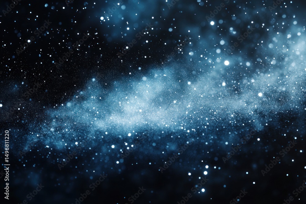 Close-up of scattered fine blue powder particles floating against a dark background creating a starry night sky effect Close-up of scattered fine blue powder particles floating against a dark background creating a starry night sky effect