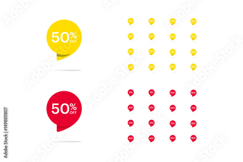 50% off, discount offer, bubble shapes in red and yellow with various discount settings. 10%, 15%, 20%, 25%, 30%, 35%, 40%, 45%, 55%, 60%, 65%, 70%, 75%, 80%, 85%, and 90% price tags in eps 10.