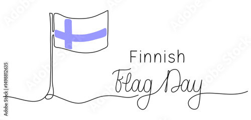 Finnish Flag day words in continuous one line art style banner template. Minimalist black drawing of phrase on white background. Hand drawn quote with editable stroke. Outline handwritten script