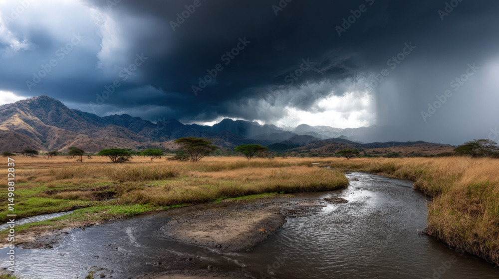 Fototapeta premium Expansive View of Wet Savanna Under Low Hanging Storm Clouds with Dramatic Lighting and Scenic Landscape