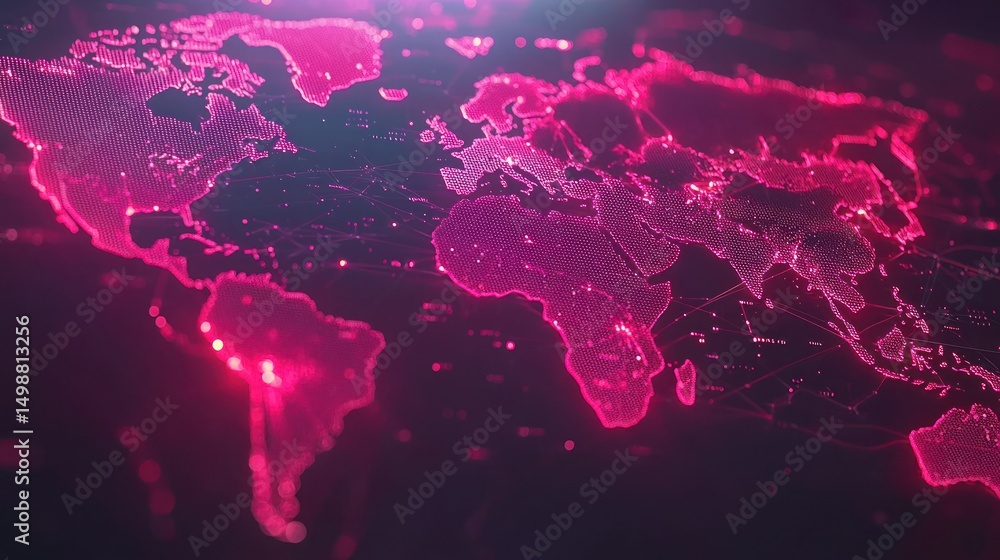 Fototapeta premium Global network map, glowing pink lines