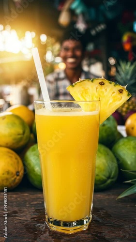 A colorful tropical drink with pineapple served at a lively market filled with fresh fruits