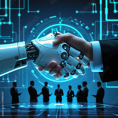 Futuristic Human and Robot Handshake Symbolizing AI Collaboration with Digital Circuit Background – Vertical Sci-Fi Illustration