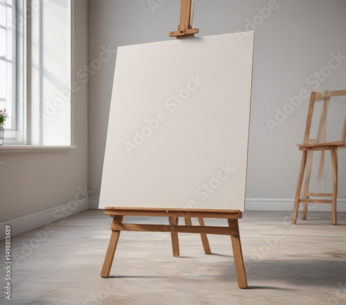 Sturdy easel base and legs, large blank canvas in focus ,  wood,  easel