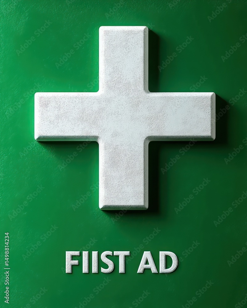 Obraz premium white three-dimensional medical cross symbol on green background with text below conveying a first aid theme