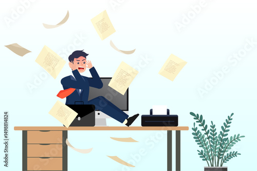 Frustrated businessman sitting on office desk with busy unfinished work, work stress, tired or fatigue from overworked, busy to finish project within deadline, anxiety or exhaustion, headache concept