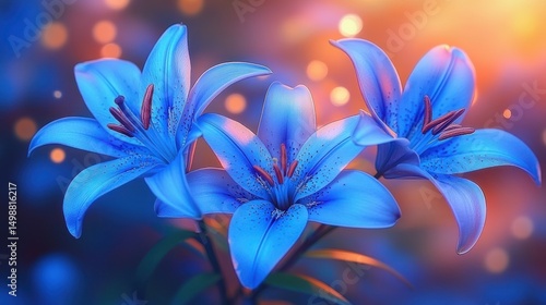 Close-up of three vibrant blue lilies with detailed petals and stamens against a soft glowing bokeh background evoking tranquility and beauty