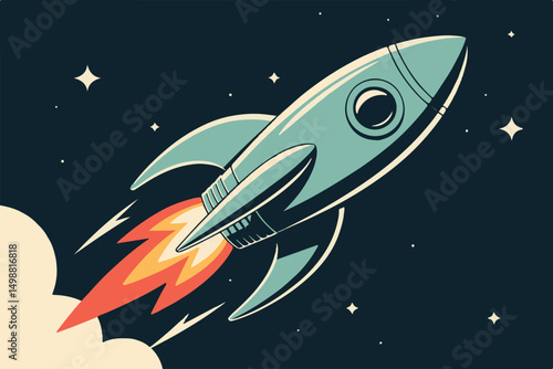 Cartoon rocket spaceship flying through the cosmos with stars and planets